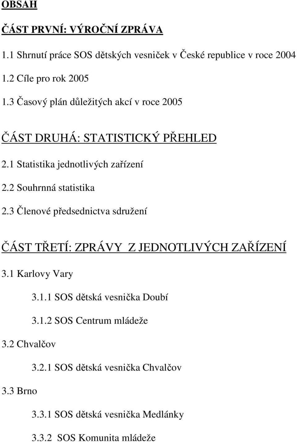 2 Souhrnná statistika 2.3 Členové předsednictva sdružení ČÁST TŘETÍ: ZPRÁVY Z JEDNOTLIVÝCH ZAŘÍZENÍ 3.1 Karlovy Vary 3.1.1 SOS dětská vesnička Doubí 3.