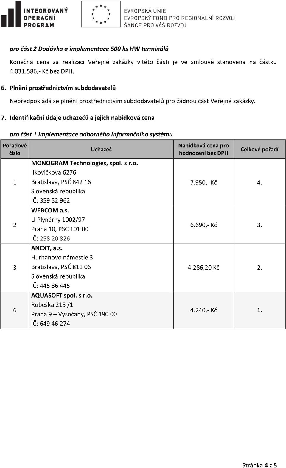 Identifikační údaje uchazečů a jejich nabídková cena Pořadové číslo 1 2 3 6 Uchazeč MONOGRAM Technologies, spol. s r.o. Ilkovičkova 6276 Bratislava, PSČ 842 16 Slovenská republika IČ: 359 52 962 WEBCOM a.