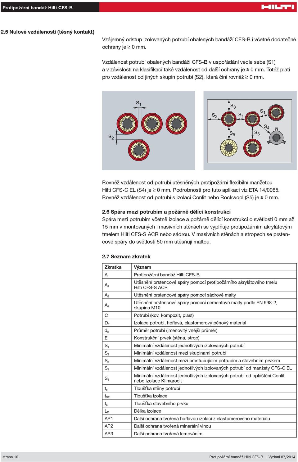 Totéž platí pro vzdálenost od jiných skupin potrubí (S2), která činí rovněž 0 mm. Rovněž vzdálenost od potrubí utěsněných protipožární flexibilní manžetou Hilti CFS-C EL (S4) je 0 mm.