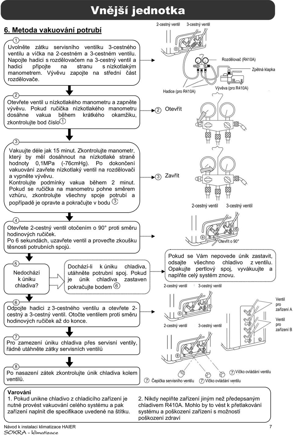 Pokud ruika nízkotlakého manometru dosáhne vakua bhem krátkého okamžiku, zkontrolujte bod íslo Hadice (pro R410A) Otevít Rozdlova (R410A) Vývva (pro R410A) Zptná klapka Vakuujte déle jak 15 minut.