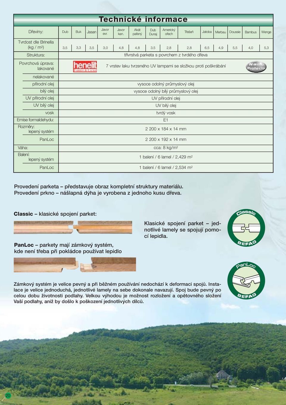 pfiírodní olej UV bíl olej vosk Emise formaldehydu: Rozmûry: lepen systém PanLoc Balení: lepen systém PanLoc 3,5 3,3 3,5 3,0 4,8 4,8 3,5 2,8 2,8 6,5 4,9 5,5 4,0 5,3 tfiívrstvá parketa s povrchem z