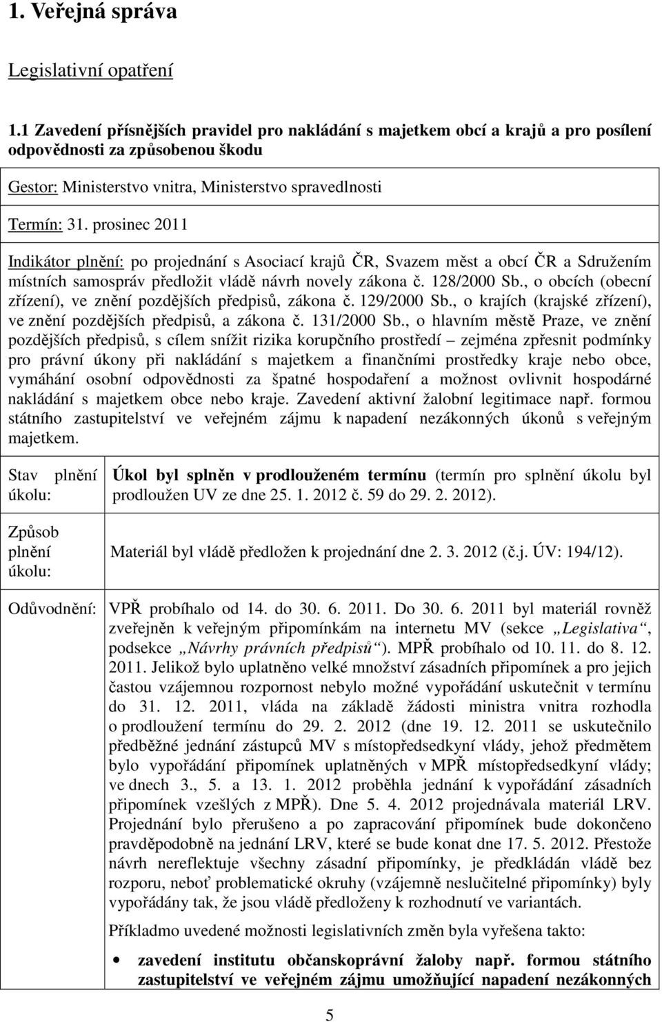 prosinec 2011 Indikátor : po projednání s Asociací krajů ČR, Svazem měst a obcí ČR a Sdružením místních samospráv předložit vládě návrh novely zákona č. 128/2000 Sb.