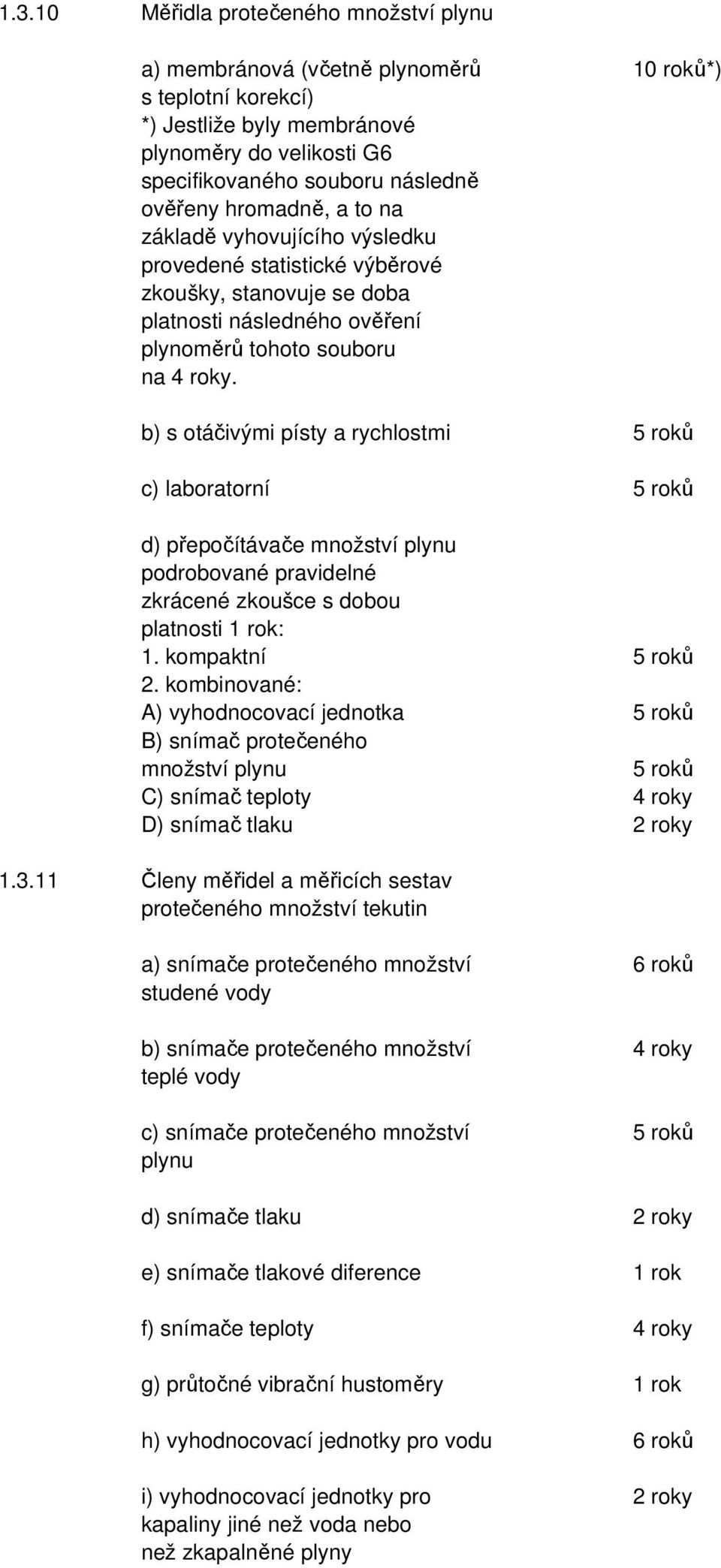 b) s otáčivými písty a rychlostmi 5 roků c) laboratorní 5 roků d) přepočítávače množství plynu podrobované pravidelné zkrácené zkoušce s dobou platnosti 1 rok: 1. kompaktní 5 roků 2.