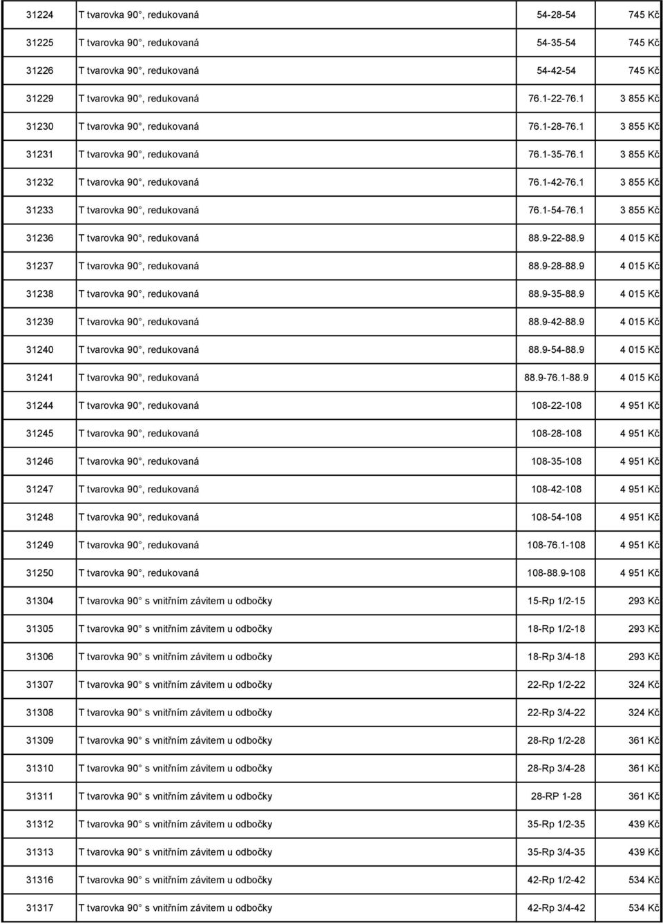 1 3 855 Kč 31233 T tvarovka 90, redukovaná 76.1-54-76.1 3 855 Kč 31236 T tvarovka 90, redukovaná 88.9-22-88.9 4 015 Kč 31237 T tvarovka 90, redukovaná 88.9-28-88.