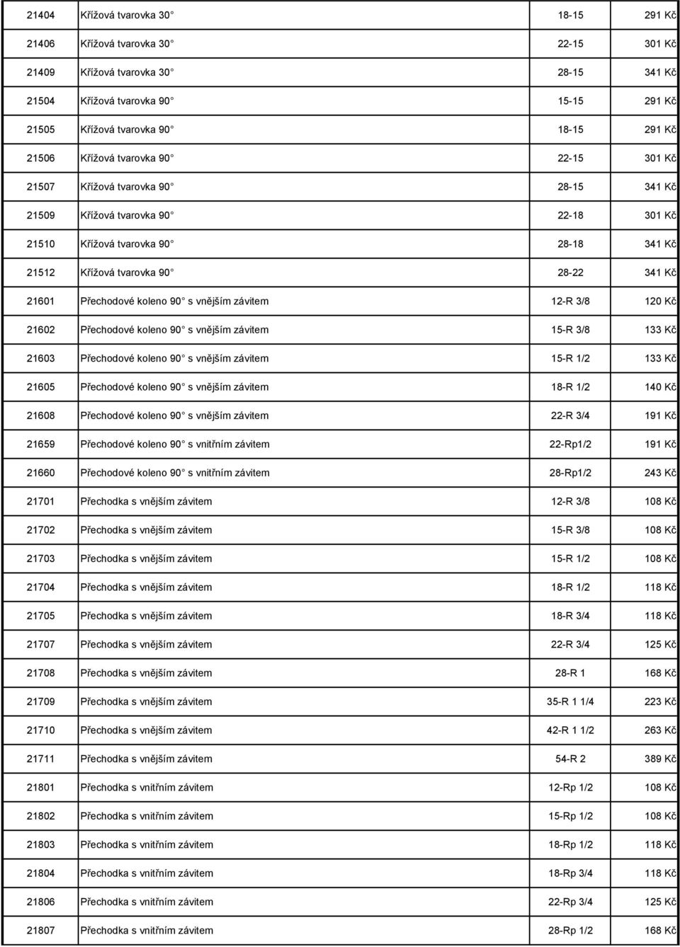 21601 Přechodové koleno 90 s vnějším závitem 12-R 3/8 120 Kč 21602 Přechodové koleno 90 s vnějším závitem 15-R 3/8 133 Kč 21603 Přechodové koleno 90 s vnějším závitem 15-R 1/2 133 Kč 21605 Přechodové