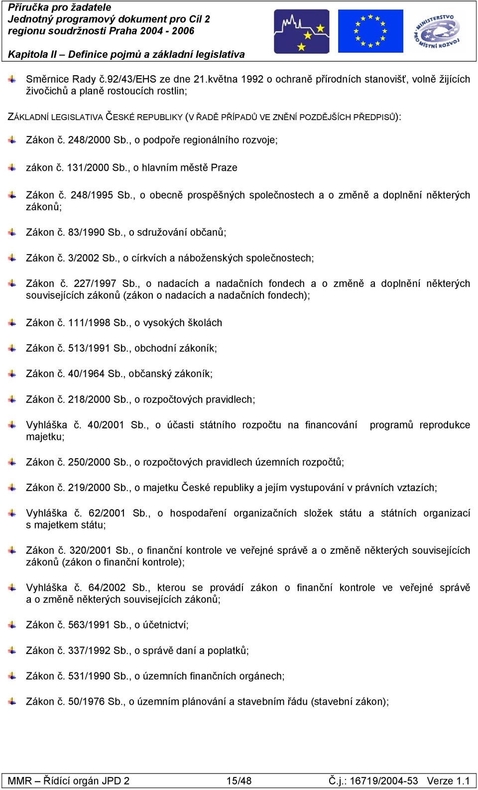 248/2000 Sb., o podpoře regionálního rozvoje; zákon č. 131/2000 Sb., o hlavním městě Praze Zákon č. 248/1995 Sb., o obecně prospěšných společnostech a o změně a doplnění některých zákonů; Zákon č.