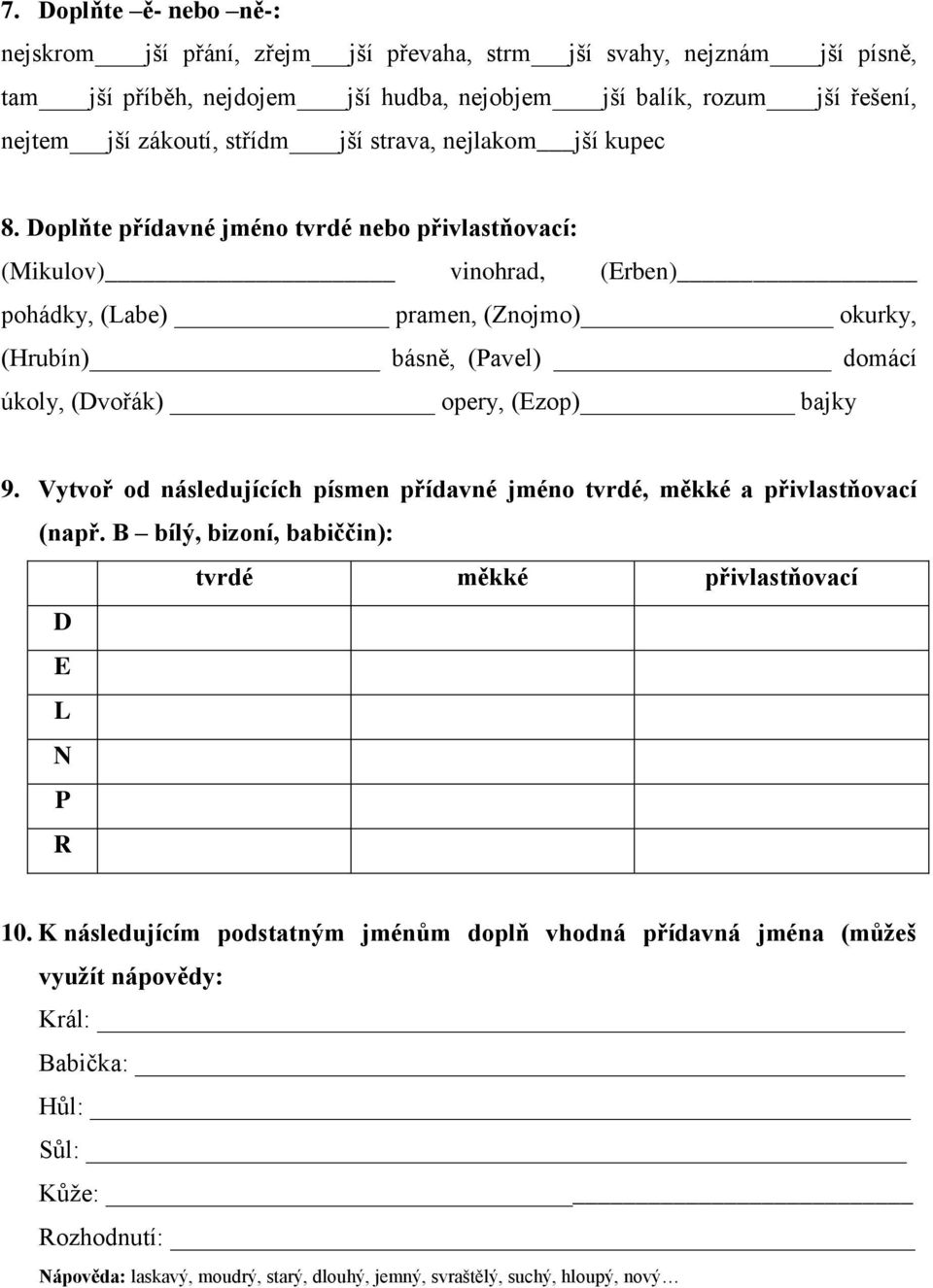 Doplňte přídavné jméno tvrdé nebo přivlastňovací: (Mikulov) vinohrad, (Erben) pohádky, (Labe) pramen, (Znojmo) okurky, (Hrubín) básně, (Pavel) domácí úkoly, (Dvořák) opery, (Ezop) bajky 9.