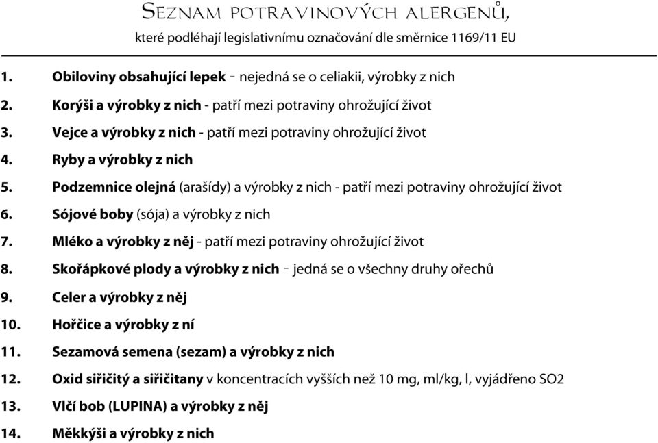 Podzemnice olejná (arašídy) a výrobky z nich - patří mezi potraviny ohrožující život 6. Sójové boby (sója) a výrobky z nich 7. Mléko a výrobky z něj - patří mezi potraviny ohrožující život 8.