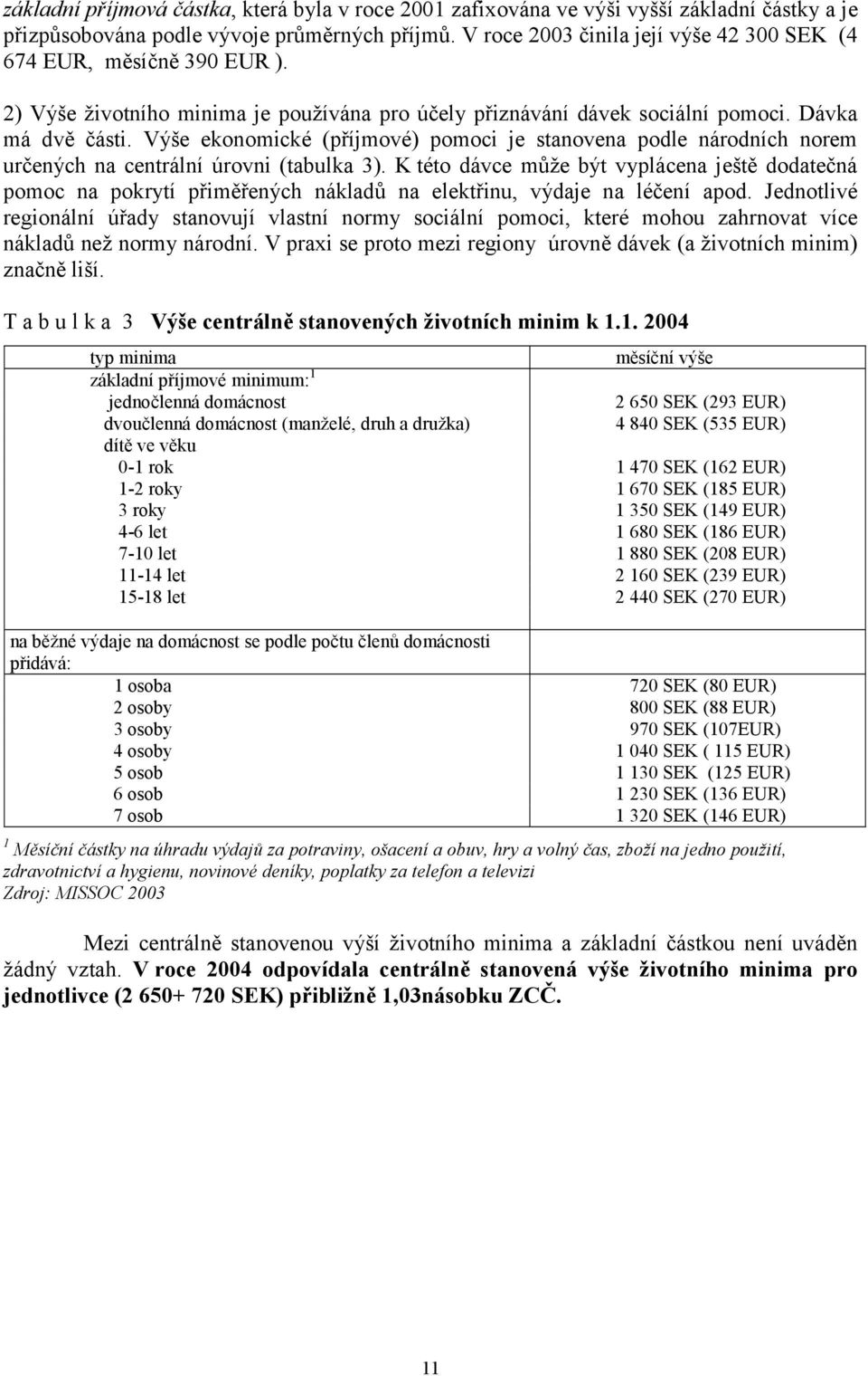 Výše ekonomické (příjmové) pomoci je stanovena podle národních norem určených na centrální úrovni (tabulka 3).
