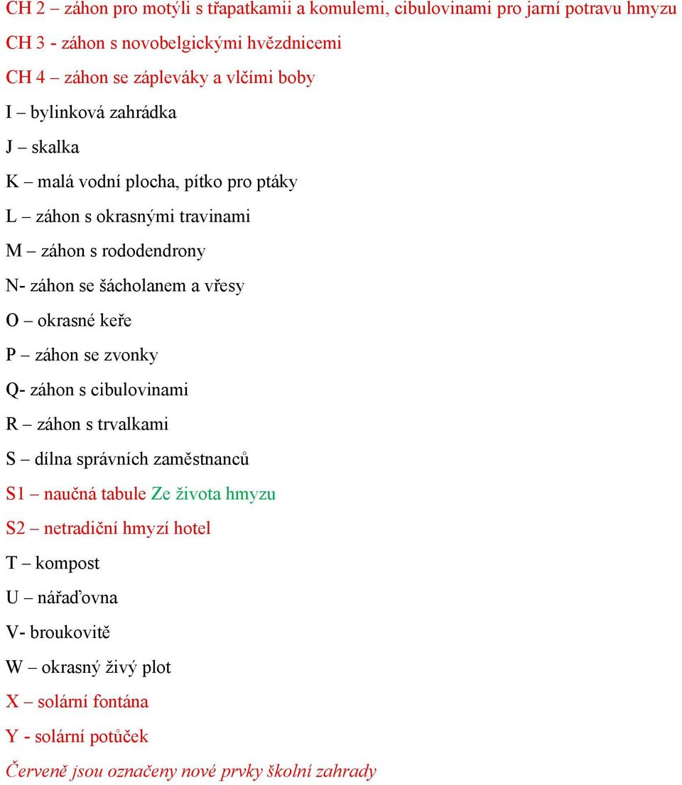 a vřesy O okrasné keře P záhon se zvonky Q- záhon s cibulovinami R záhon s trvalkami S dílna správních zaměstnanců S1 naučná tabule Ze života hmyzu S2