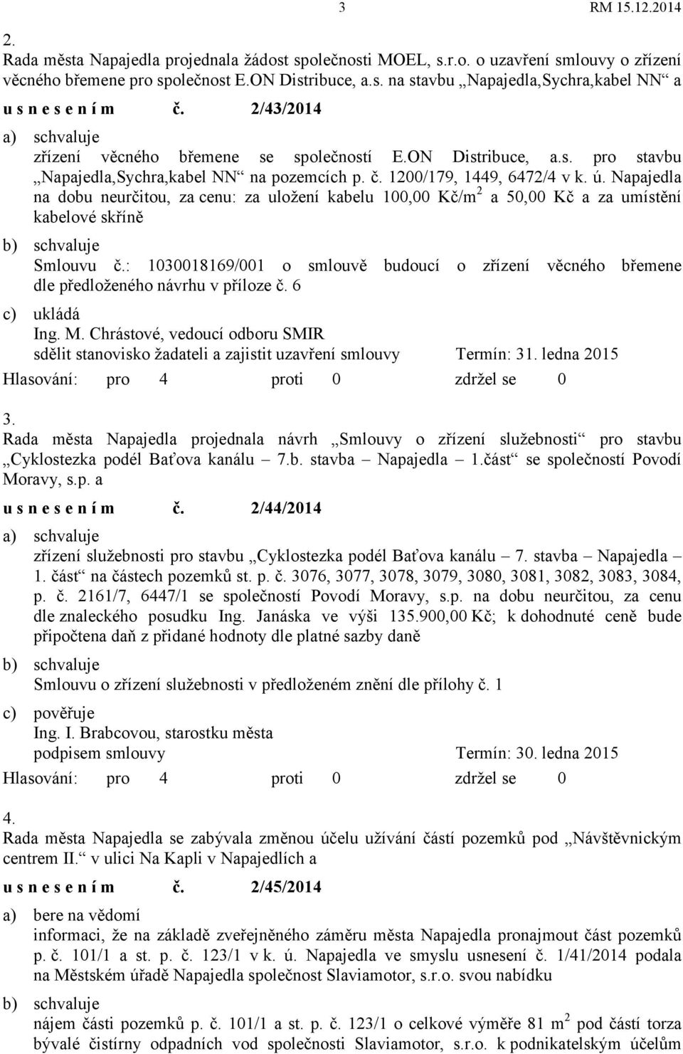 Napajedla na dobu neurčitou, za cenu: za uložení kabelu 100,00 Kč/m 2 a 50,00 Kč a za umístění kabelové skříně b) schvaluje Smlouvu č.