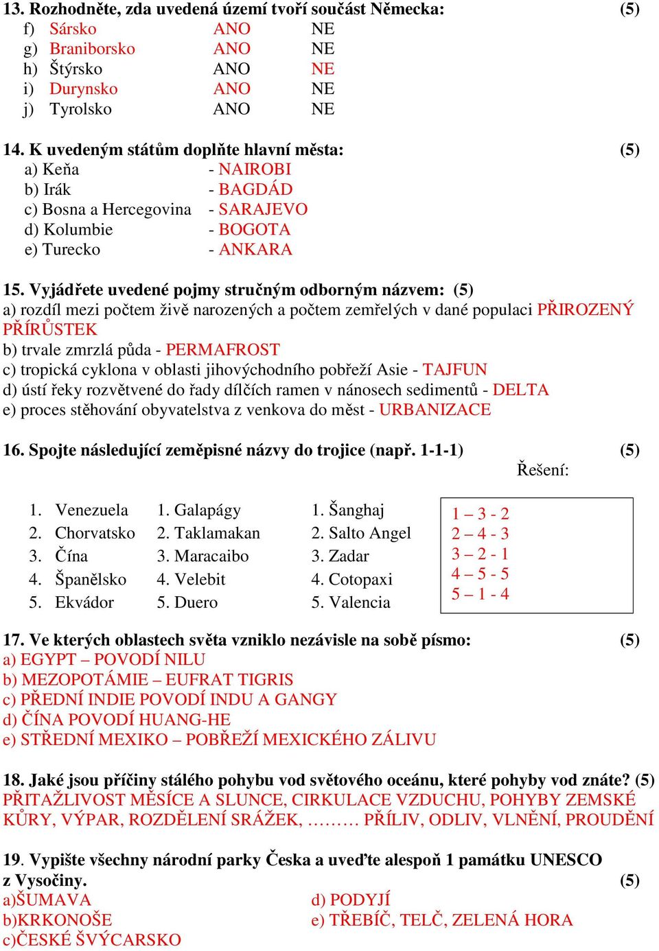 Vyjádřete uvedené pojmy stručným odborným názvem: (5) a) rozdíl mezi počtem živě narozených a počtem zemřelých v dané populaci PŘIROZENÝ PŘÍRŮSTEK b) trvale zmrzlá půda - PERMAFROST c) tropická