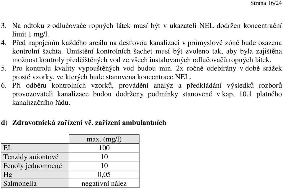 Umístění kontrolních šachet musí být zvoleno tak, aby byla zajištěna možnost kontroly předčištěných vod ze všech instalovaných odlučovačů ropných látek. 5.