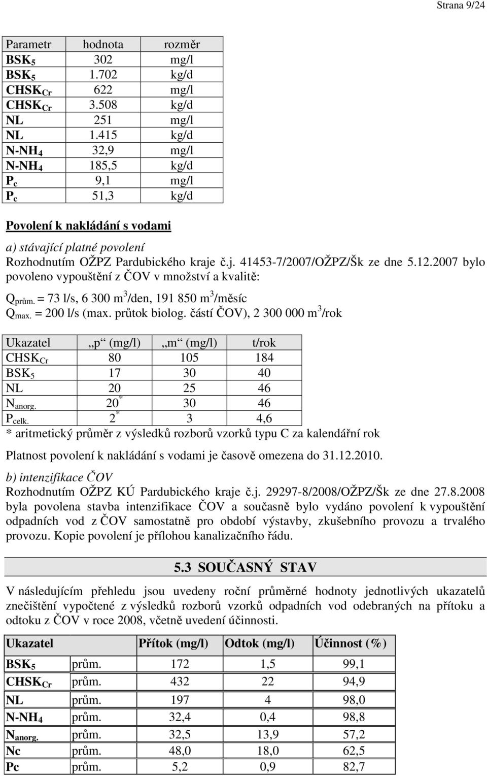 12.2007 bylo povoleno vypouštění z ČOV v množství a kvalitě: Q prům. = 73 l/s, 6 300 m 3 /den, 191 850 m 3 /měsíc Q max. = 200 l/s (max. průtok biolog.