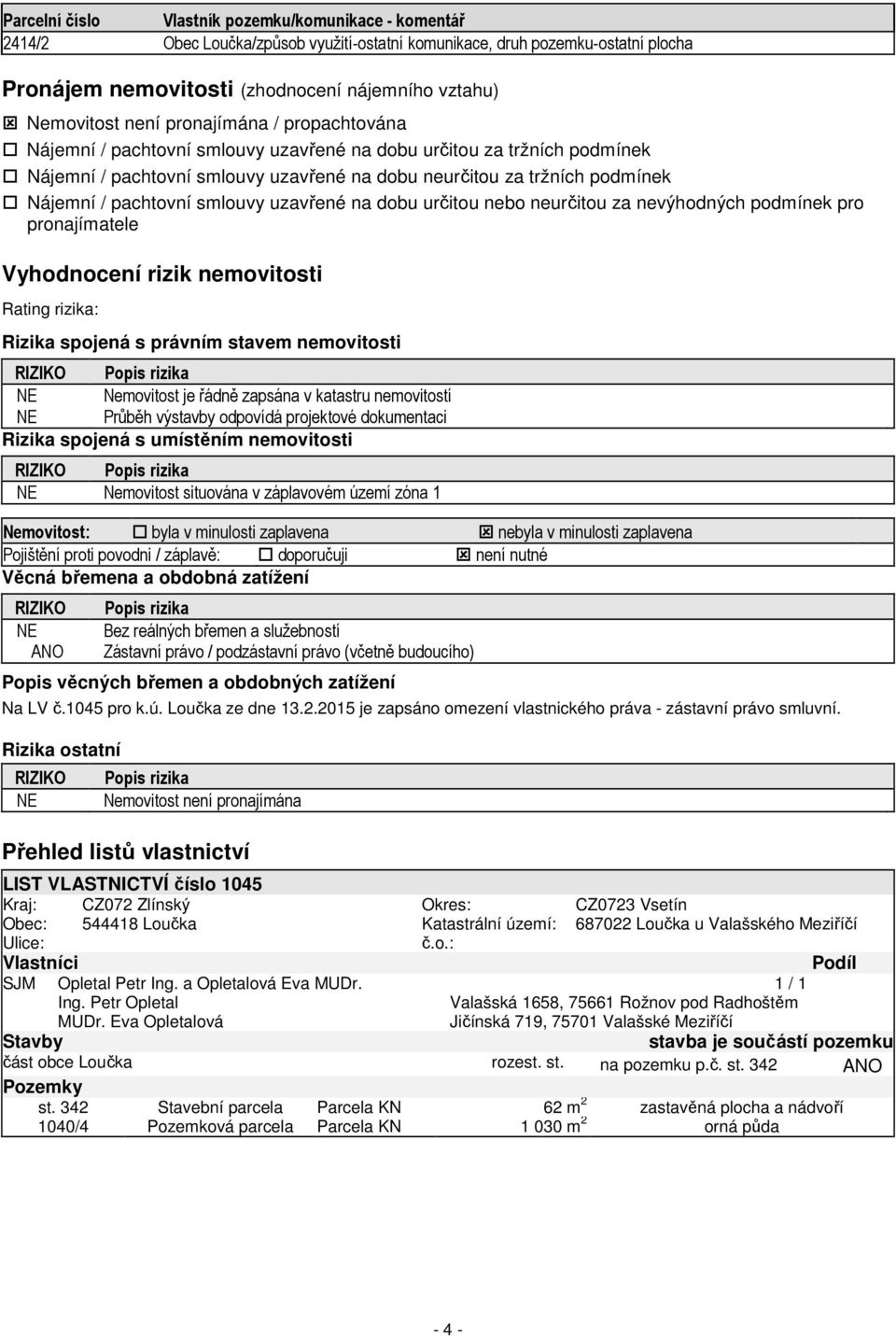 pachtovní smlouvy uzavřené na dobu určitou nebo neurčitou za nevýhodných podmínek pro pronajímatele Vyhodnocení rizik nemovitosti Rating rizika: Rizika spojená s právním stavem nemovitosti RIZIKO