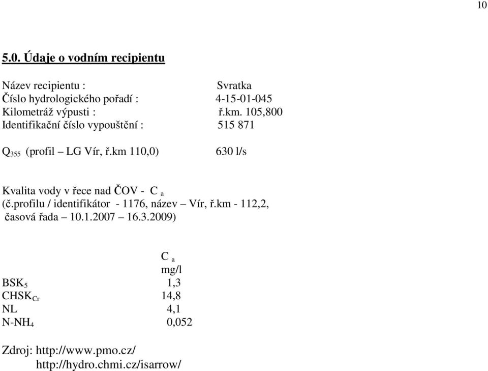 km 110,0) 630 l/s Kvalita vody v řece nad ČOV - C a (č.profilu / identifikátor - 1176, název Vír, ř.