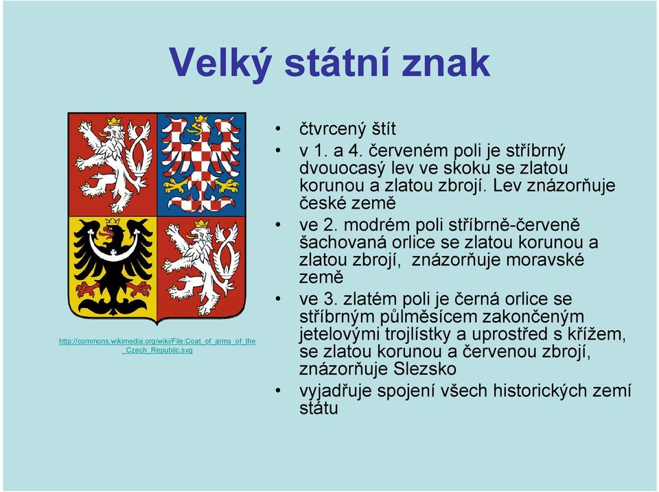 modrém poli stříbrně-červeně šachovaná orlice se zlatou korunou a zlatou zbrojí, znázorňuje moravské země ve 3.