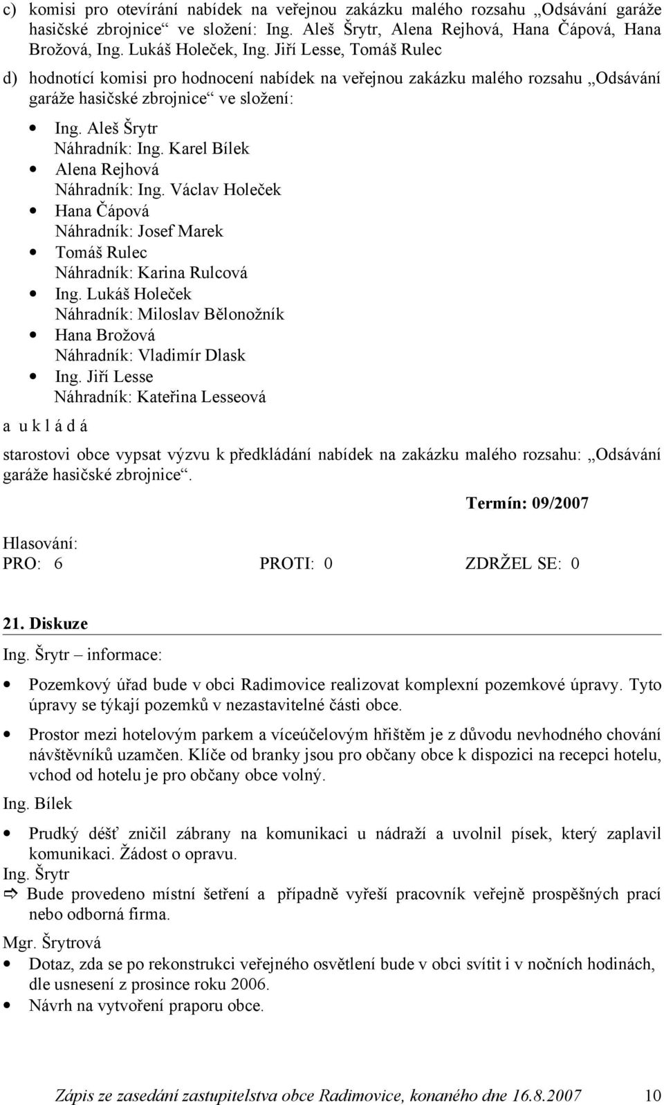 Karel Bílek Alena Rejhová Náhradník: Ing. Václav Holeček Hana Čápová Náhradník: Josef Marek Tomáš Rulec Náhradník: Karina Rulcová Ing.