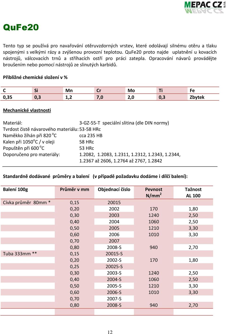 C Si Mn Cr Mo Ti Fe 0,35 0,3 1,2 7,0 2,0 0,3 Zbytek 3-GZ-55-T speciální slitina (dle DIN normy) Tvrdost čistě návarového materiálu: 53-58 HRc Naměkko žíhán při 820 o C cca 235 HB Kalen při 1050 o C /