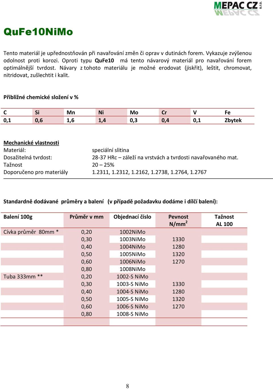 C Si Mn Ni Mo Cr V Fe 0,1 0,6 1,6 1,4 0,3 0,4 0,1 Zbytek speciální slitina Dosažitelná tvrdost: 28-37 HRc záleží na vrstvách a tvrdosti navařovaného mat. 20 25% Doporučeno pro materiály 1.2311, 1.