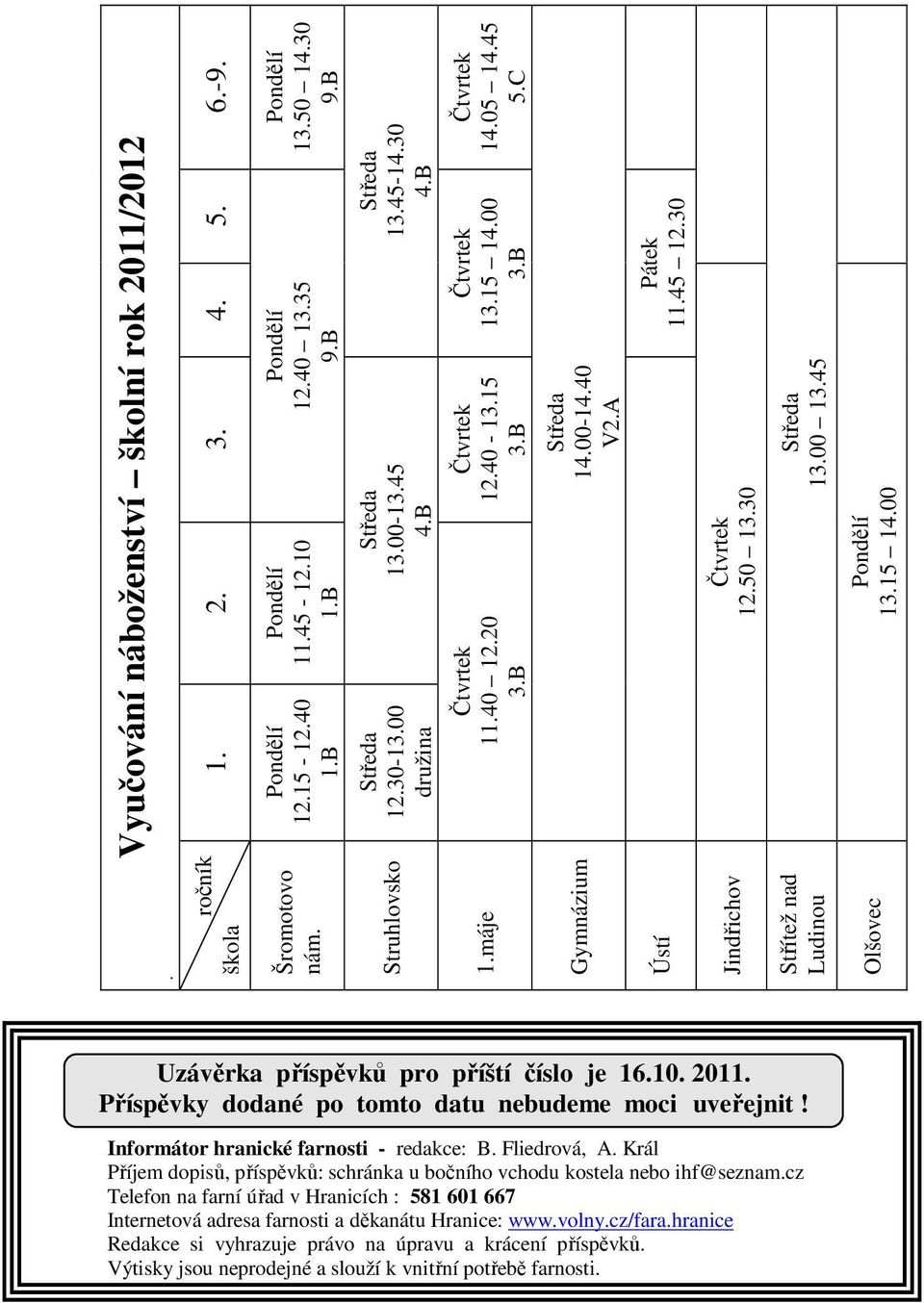 05 14.45 5.C 12.50 13.30 Středa 13.00 13.45 13.15 14.00 Uzávěrka příspěvků pro příští číslo je 16.10. 2011. Příspěvky dodané po tomto datu nebudeme moci uveřejnit!