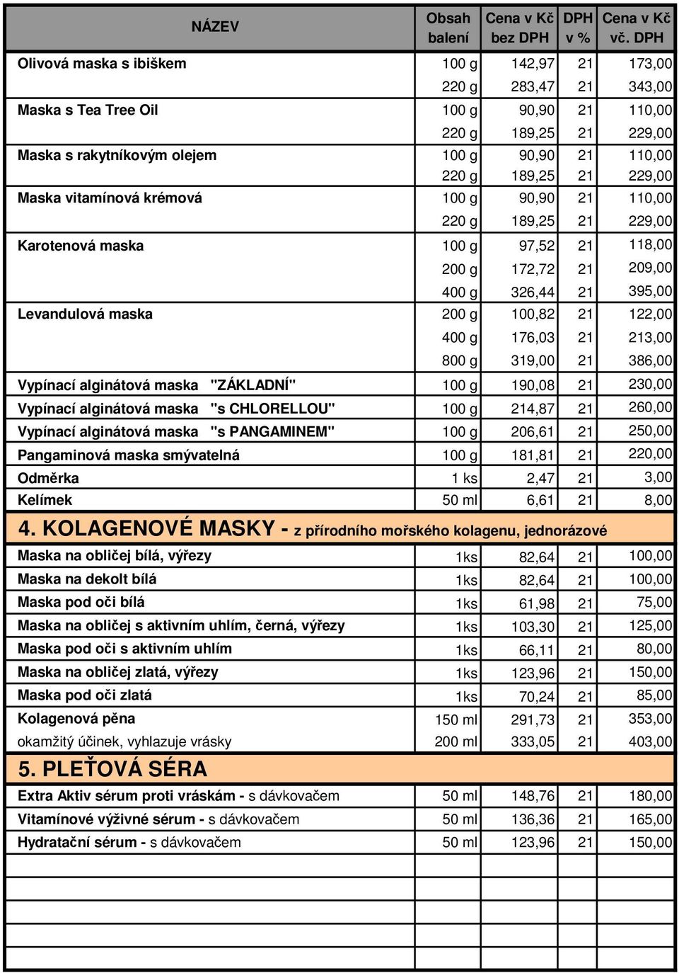 Maska vitamínová krémová 100 g 90,90 110,00 220 g 189,25 229,00 Karotenová maska 100 g 97,52 118,00 200 g 172,72 209,00 400 g 326,44 395,00 Levandulová maska 200 g 100,82 122,00 400 g 176,03 3,00 800