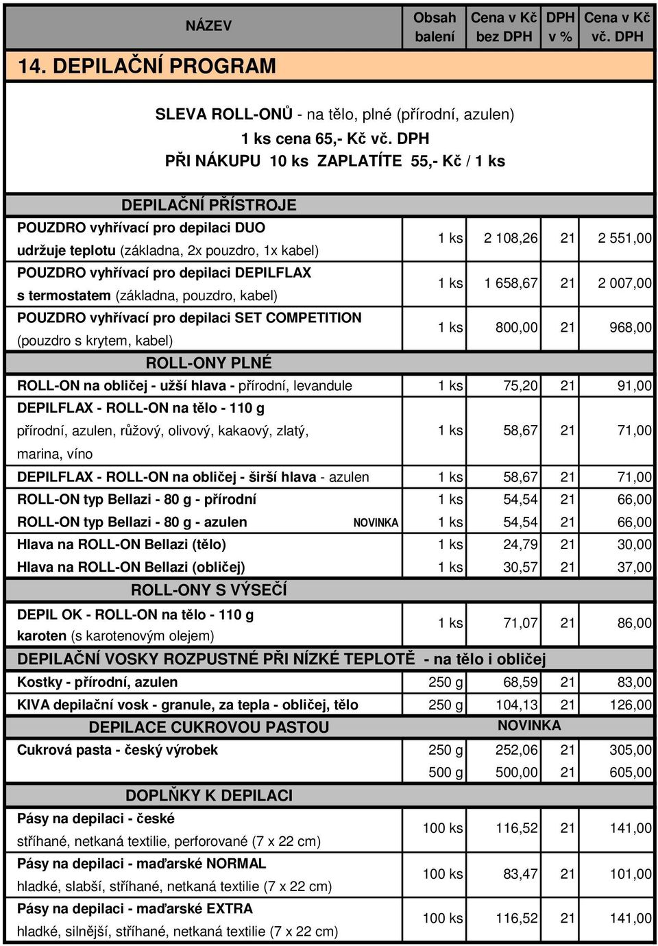 termostatem (základna, pouzdro, kabel) POUZDRO vyhřívací pro depilaci SET COMPETITION (pouzdro s krytem, kabel) ROLL-ONY PLNÉ ROLL-ON na obličej - užší hlava - přírodní, levandule 1 ks 1 ks 1 ks 1 ks