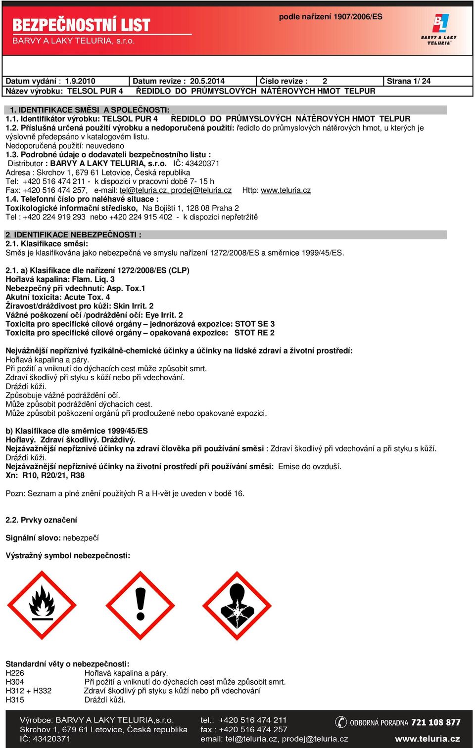 Podrobné údaje o dodavateli bezpečnostního listu : Distributor : BARVY A LAKY TELURIA, s.r.o. IČ: 43420371 Adresa : Skrchov 1, 679 61 Letovice, Česká republika Tel: +420 516 474 211 - k dispozici v pracovní době 7-15 h Fax: +420 516 474 257, e-mail: tel@teluria.