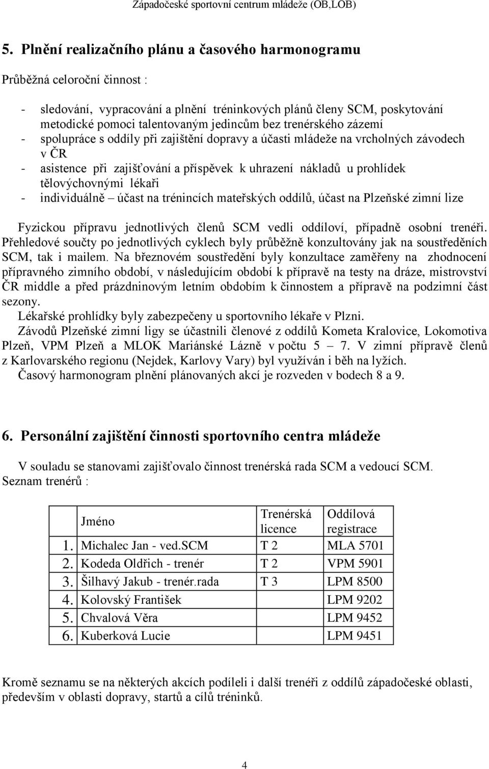 lékaři - individuálně účast na trénincích mateřských oddílů, účast na Plzeňské zimní lize Fyzickou přípravu jednotlivých členů SCM vedli oddíloví, případně osobní trenéři.