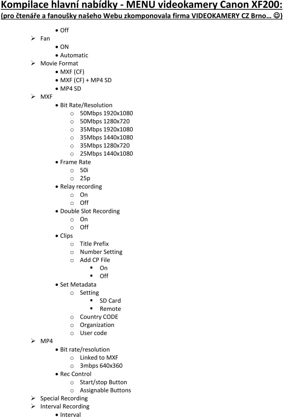 Title Prefix o Number Setting o Add CP File On Off Set Metadata o Setting SD Card Remote o Country CODE o Organization o User code MP4 Bit