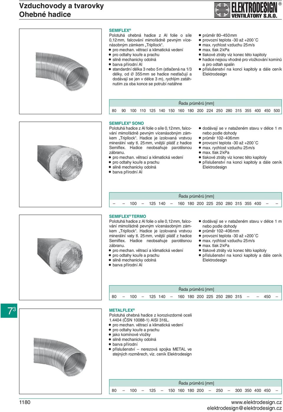 v délce 3 m), rychlým zatáhnutím za oba konce se potrubí natáhne průměr 80 450 mm provozní teplota -30 až +200 C max. rychlost vzduchu 25 m/s max.