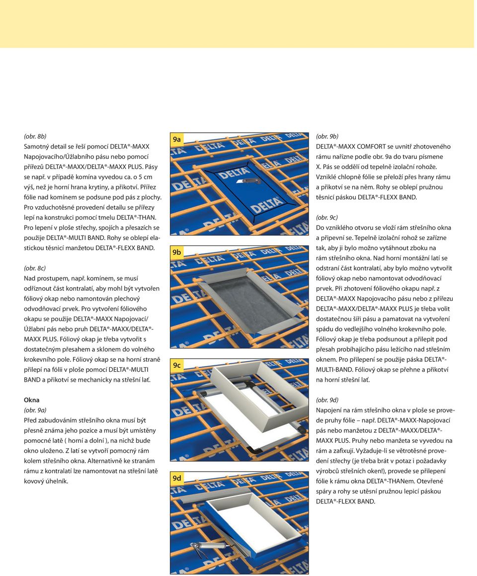 Pro lepení v ploše střechy, spojích a přesazích se použije DELTA -MULTI BAND. Rohy se oblepí elastickou těsnicí manžetou DELTA -FLEXX BAND. (obr. 8c) Nad prostupem, např.