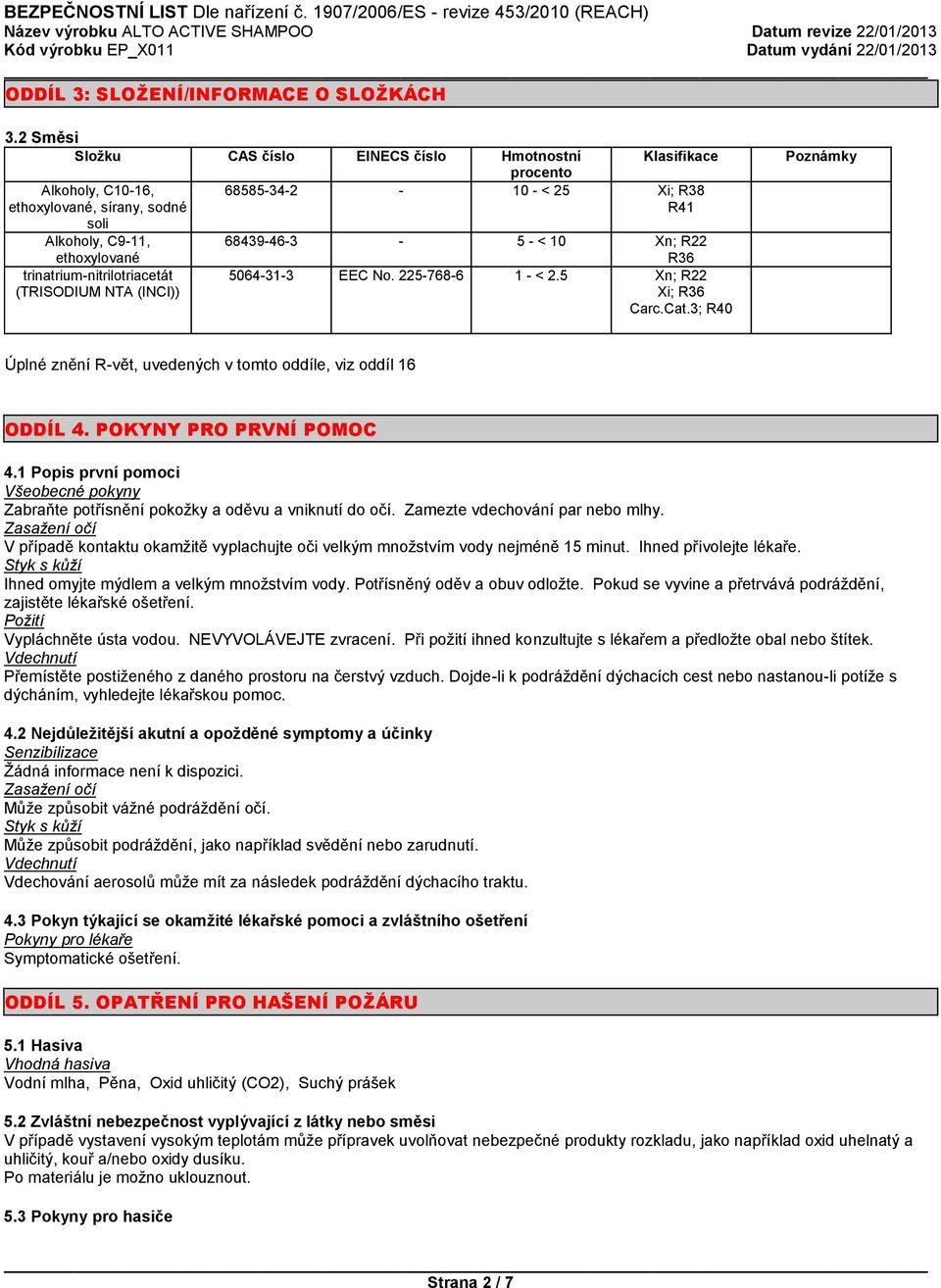 Klasifikace 68585-34-2-10 - < 25 Xi; R38 R41 68439-46-3-5 - < 10 Xn; R22 R36 5064-31-3 EEC No. 225-768-6 1 - < 2.5 Xn; R22 Xi; R36 Carc.Cat.