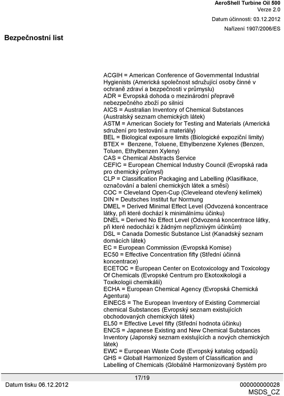 testování a materiály) BEL = Biological exposure limits (Biologické expoziční limity) BTEX = Benzene, Toluene, Ethylbenzene Xylenes (Benzen, Toluen, Ethylbenzen Xyleny) CAS = Chemical Abstracts