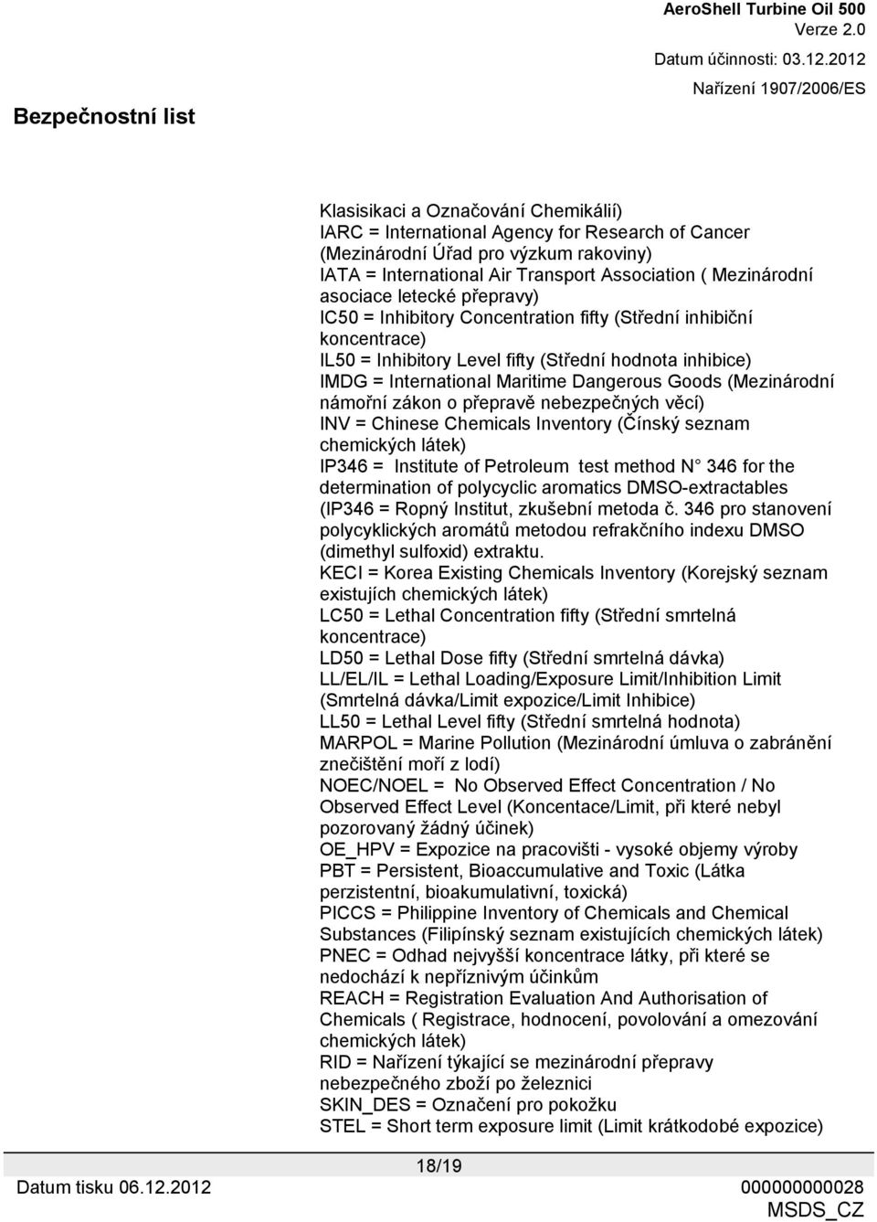 (Mezinárodní námořní zákon o přepravě nebezpečných věcí) INV = Chinese Chemicals Inventory (Čínský seznam chemických látek) IP346 = Institute of Petroleum test method N 346 for the determination of