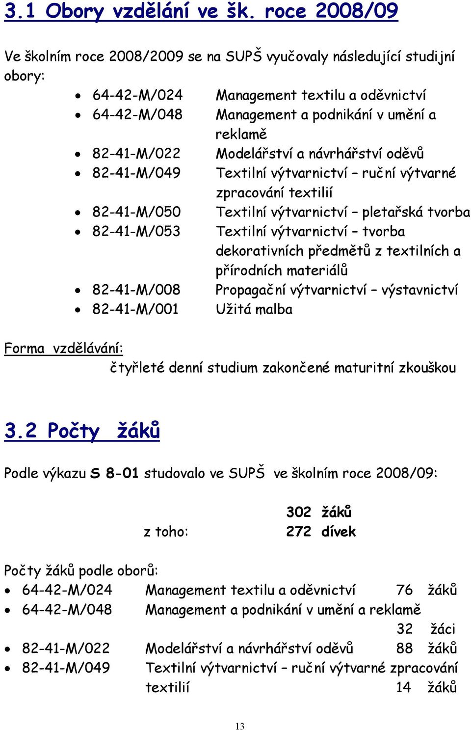 Modelářství a návrhářství oděvů 82-41-M/049 Textilní výtvarnictví ruční výtvarné zpracování textilií 82-41-M/050 Textilní výtvarnictví pletařská tvorba 82-41-M/053 Textilní výtvarnictví tvorba