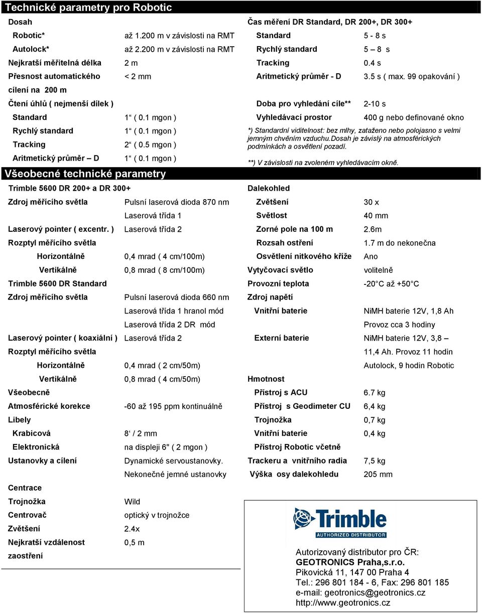 1 mgon ) Všeobecné technické parametry Trimble 5600 DR 200+ a DR 300+ Zdroj měřícího světla Pulsní laserová dioda 870 nm Laserová třída 1 Laserový pointer ( excentr.