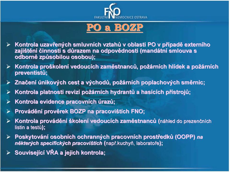 hydrantů a hasících přístrojů; Kontrola evidence pracovních úrazů; Provádění prověrek BOZP na pracovištích FNO; Kontrola provádění školení vedoucích zaměstnanců (náhled( náhled do