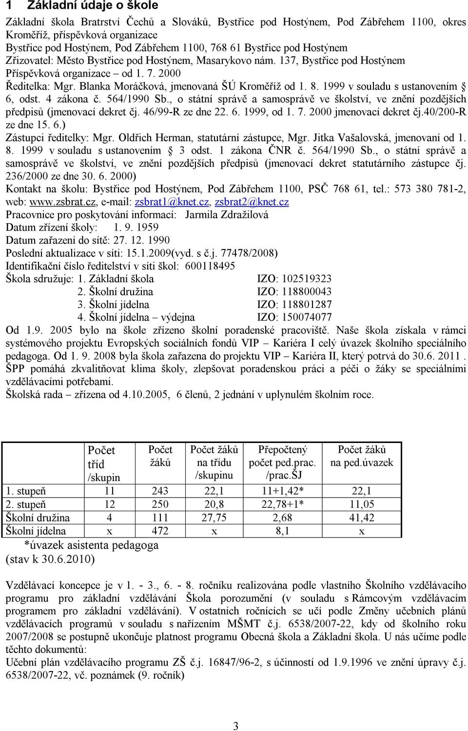 Blanka Moráčková, jmenovaná ŠÚ Kroměříž od 1. 8. 1999 v souladu s ustanovením 6, odst. 4 zákona č. 564/1990 Sb.