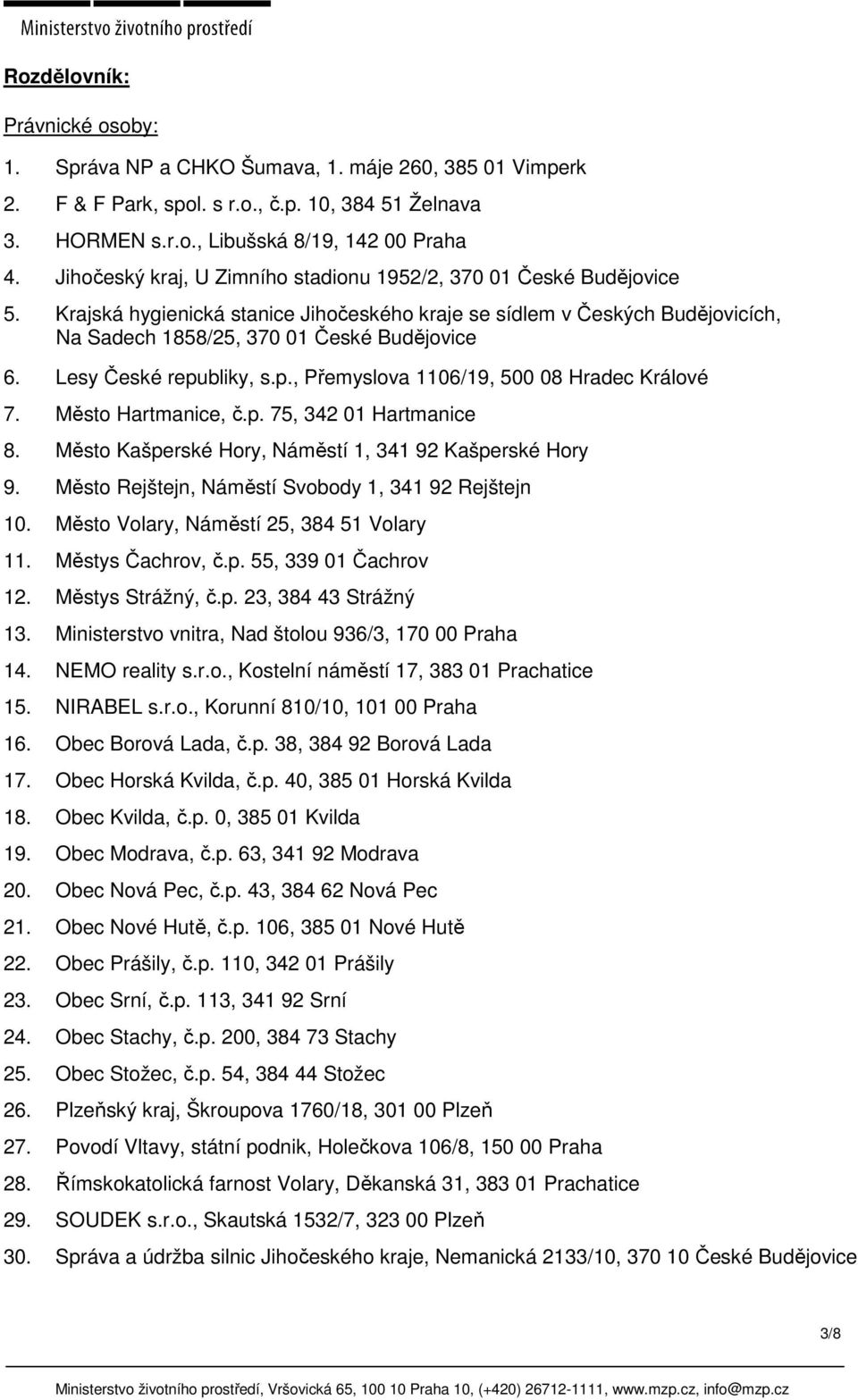Lesy České republiky, s.p., Přemyslova 1106/19, 500 08 Hradec Králové 7. Město Hartmanice, č.p. 75, 342 01 Hartmanice 8. Město Kašperské Hory, Náměstí 1, 341 92 Kašperské Hory 9.