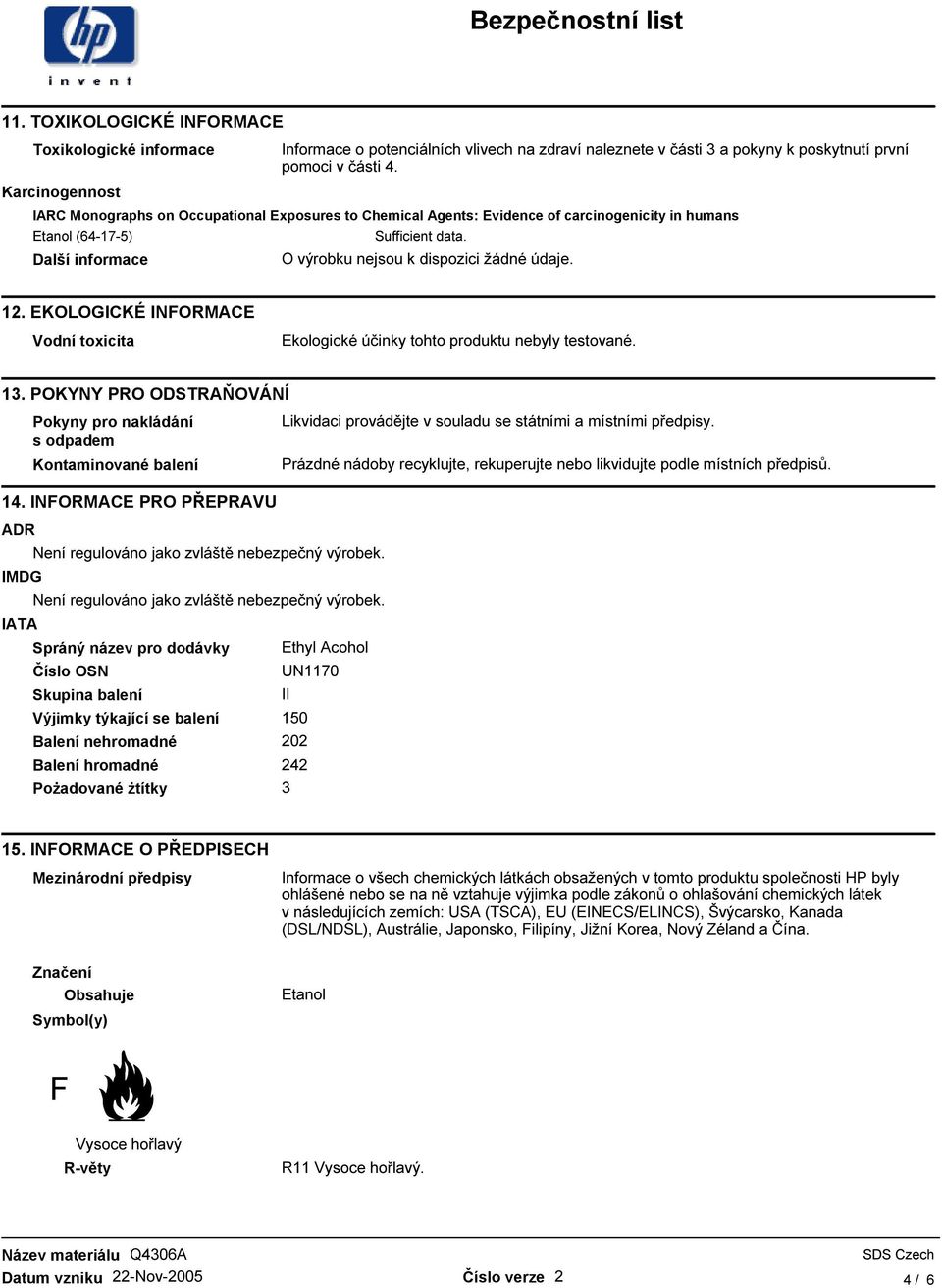 EKOLOGICKÉ INFORMACE Vodní toxicita Ekologické účinky tohto produktu nebyly testované. 13.