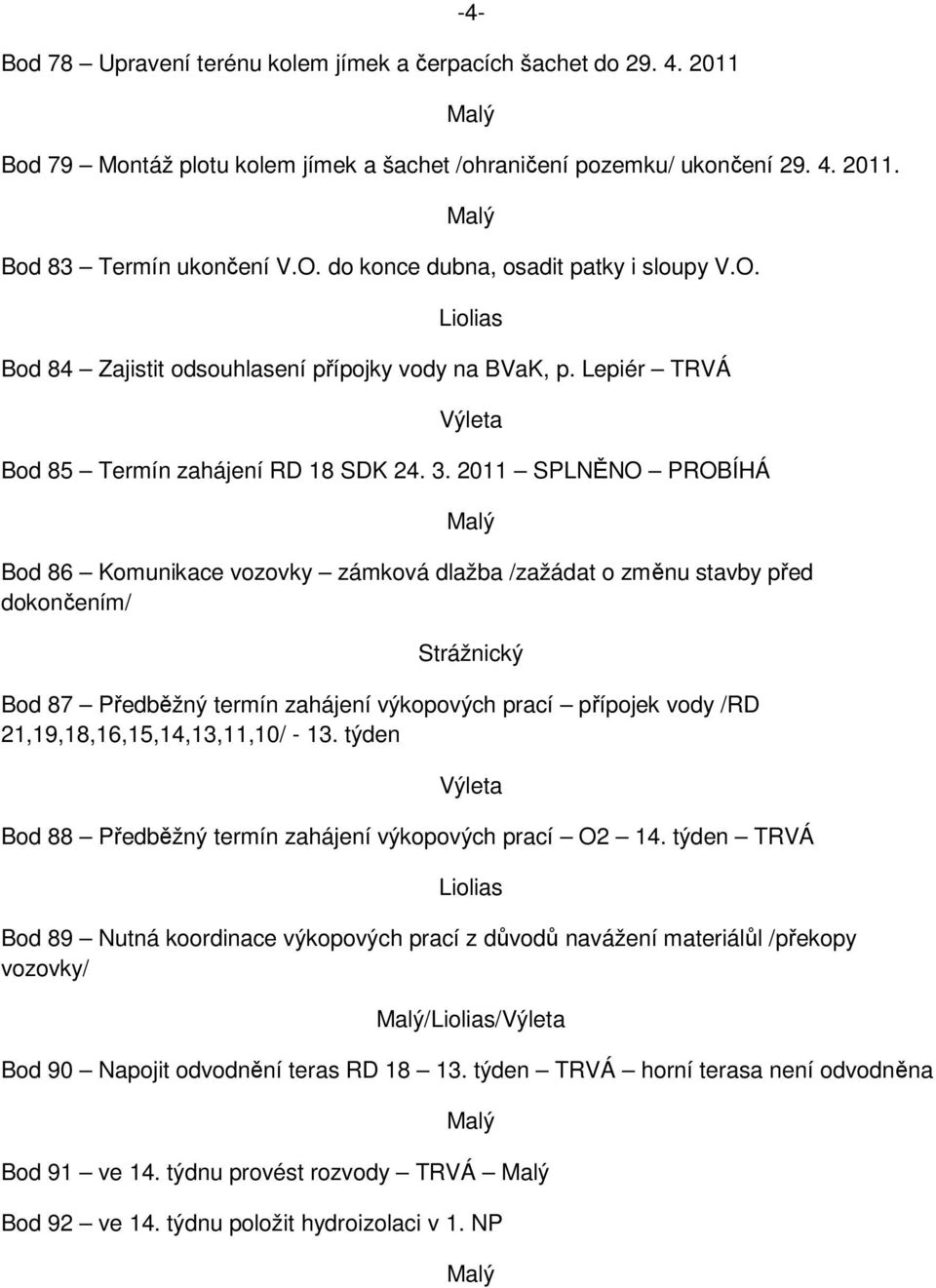 2011 SPLNĚNO PROBÍHÁ Bod 86 Komunikace vozovky zámková dlažba /zažádat o změnu stavby před dokončením/ Bod 87 Předběžný termín zahájení výkopových prací přípojek vody /RD 21,19,18,16,15,14,13,11,10/