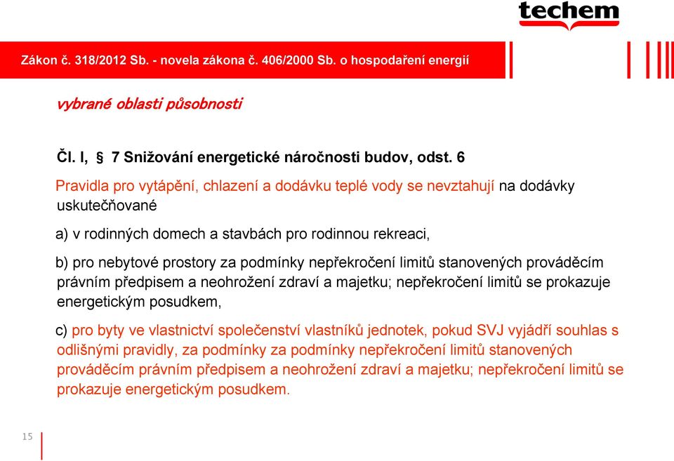 nepřekročení limitů stanovených prováděcím právním předpisem a neohrožení zdraví a majetku; nepřekročení limitů se prokazuje energetickým posudkem, c) pro byty ve vlastnictví společenství