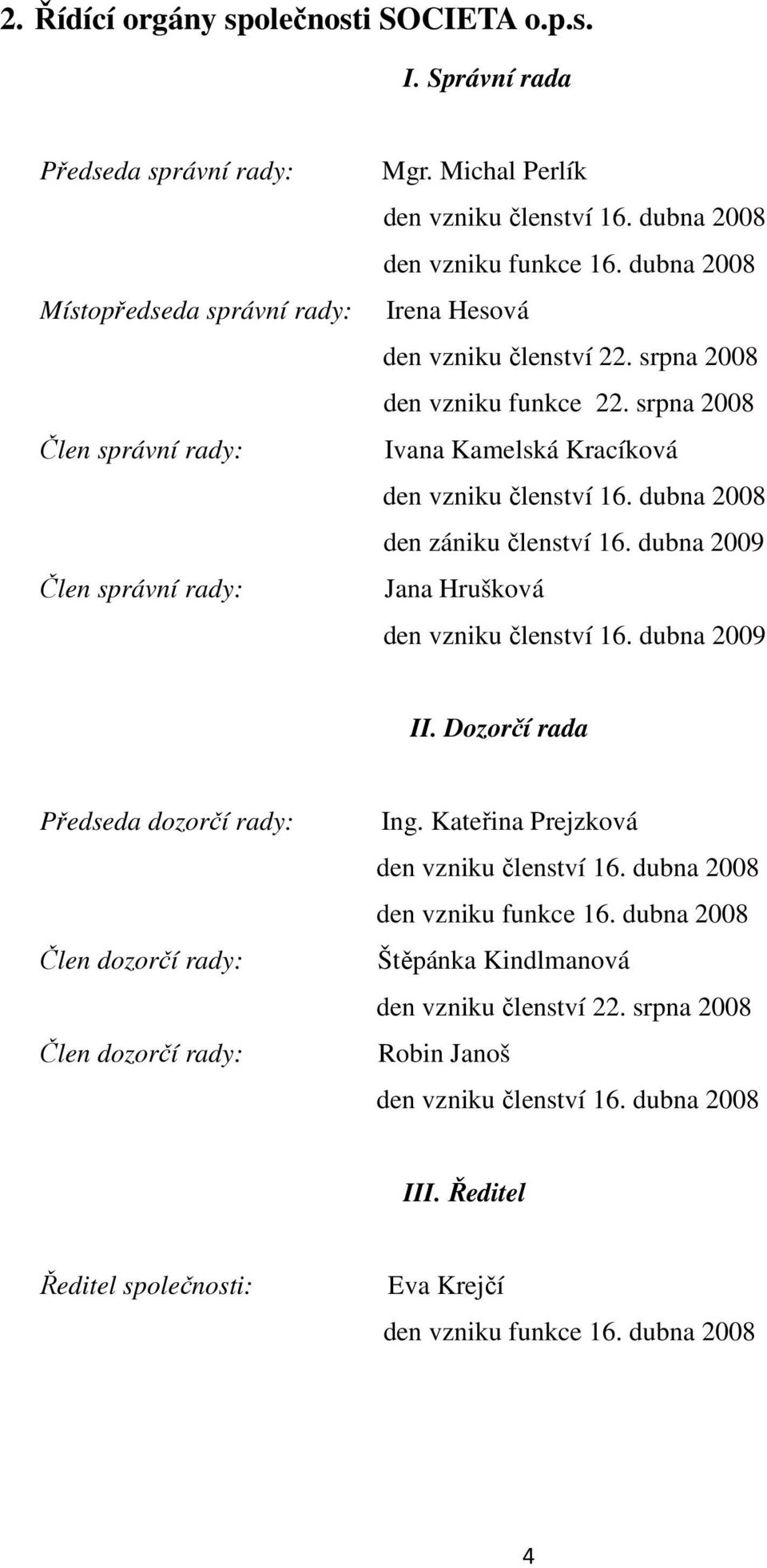 dubna 2008 den zániku členství 16. dubna 2009 Jana Hrušková den vzniku členství 16. dubna 2009 II. Dozorčí rada Předseda dozorčí rady: Člen dozorčí rady: Člen dozorčí rady: Ing.