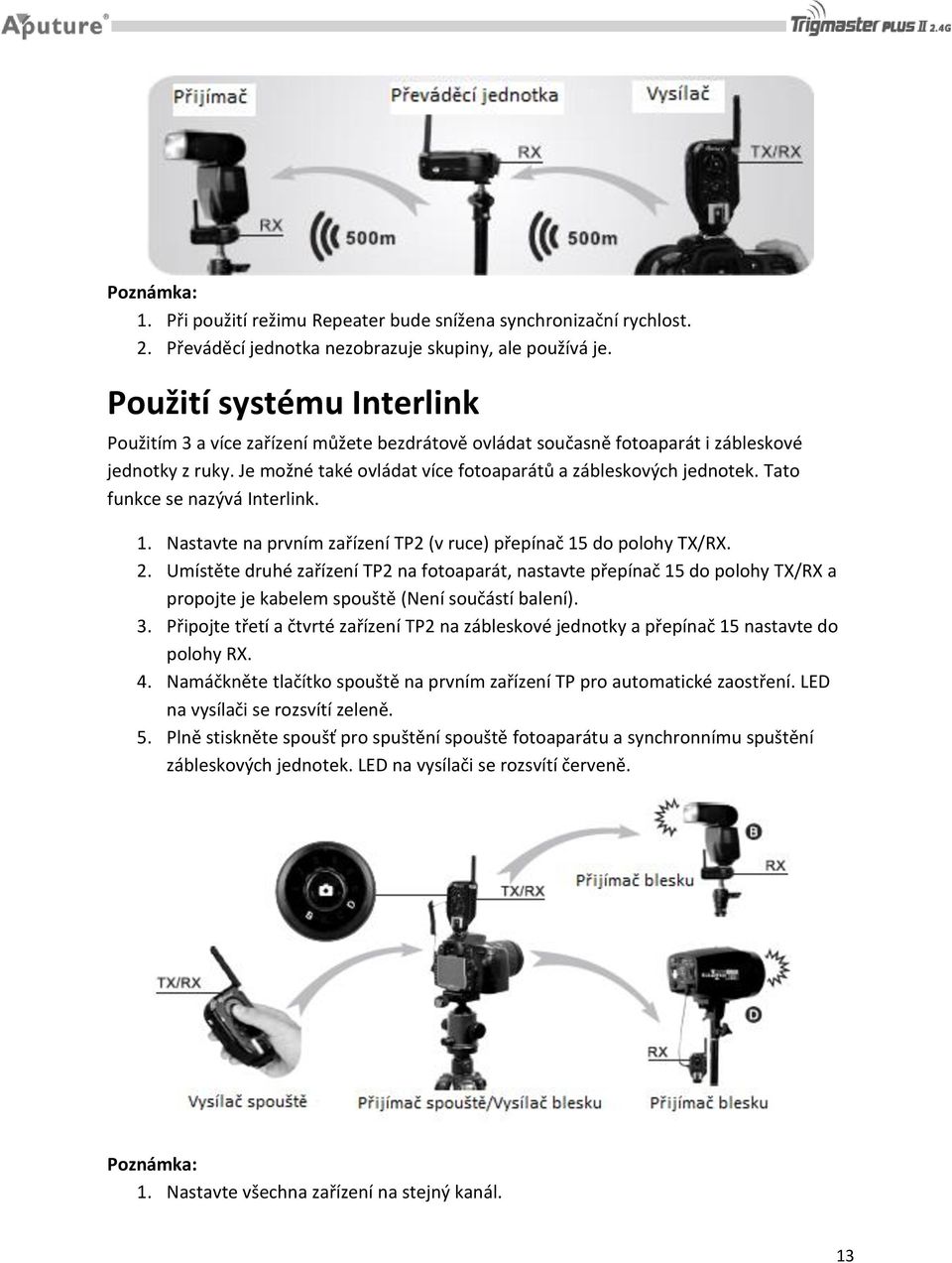 Tato funkce se nazývá Interlink. 1. Nastavte na prvním zařízení TP2 (v ruce) přepínač 15 do polohy TX/RX. 2.