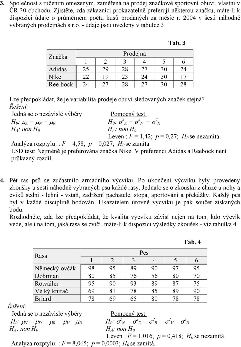 Tab. 3 Prodejna 1 2 3 4 5 6 Adidas 25 29 28 27 30 24 Nike 22 19 23 24 30 17 Ree-bock 24 27 28 27 30 28 Lze předpokládat, že je variabilita prodeje obuvi sledovaných značek stejná?