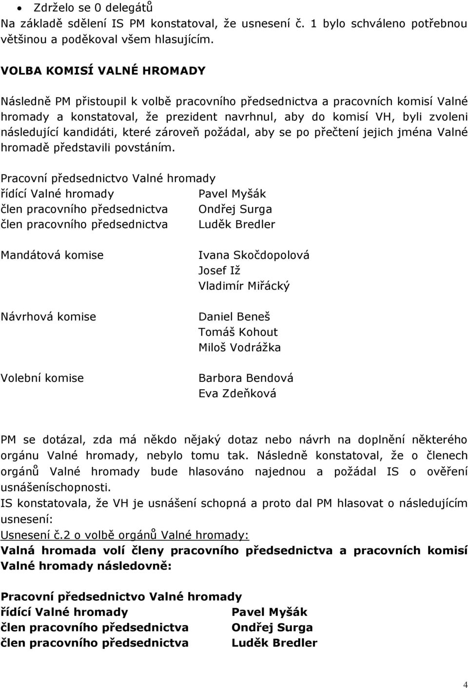 kandidáti, které zároveň požádal, aby se po přečtení jejich jména Valné hromadě představili povstáním.