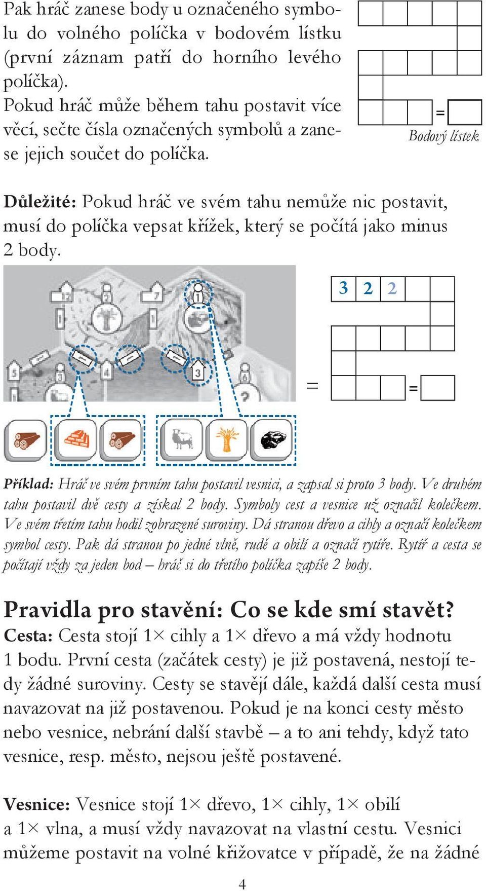 Bodový lístek Důležité: Pokud hráč ve svém tahu nemůže nic postavit, musí do políčka vepsat křížek, který se počítá jako minus 2 y.