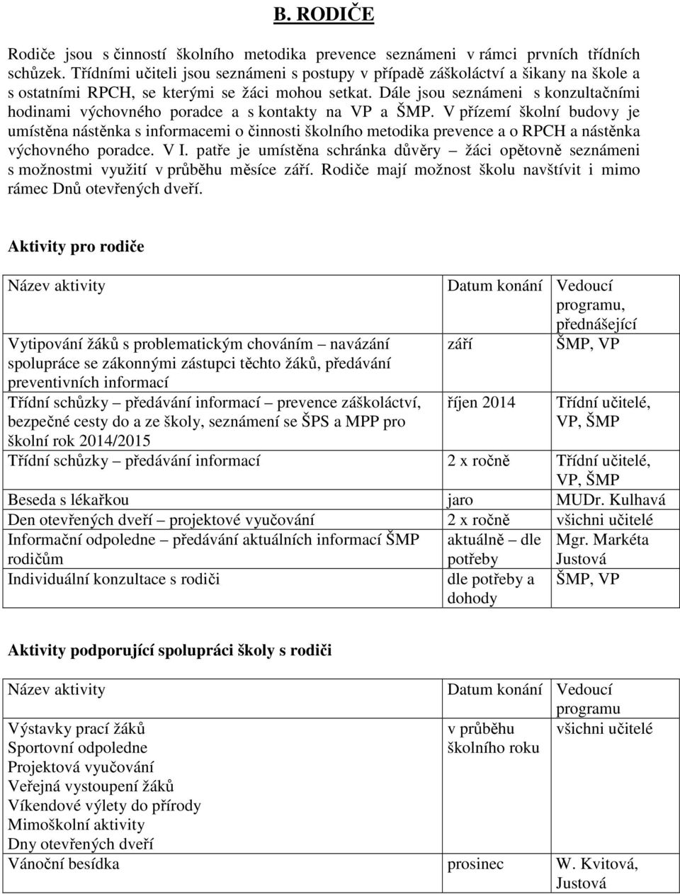 Dále jsou seznámeni s konzultačními hodinami výchovného poradce a s kontakty na VP a ŠMP.