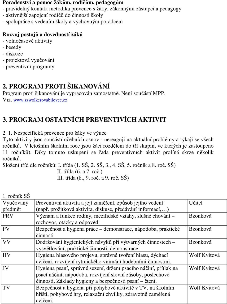 PROGRAM PROTI ŠIKANOVÁNÍ Program proti šikanování je vypracován samostatně. Není součástí MPP. Viz. www.zswolkerovabilovec.cz 3. PROGRAM OSTATNÍCH PREVENTIVÍCH AKTIVIT 2. 1.